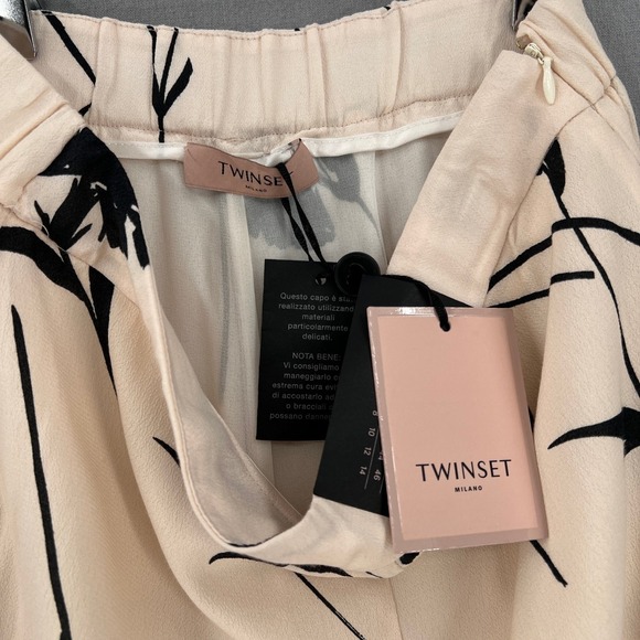 TWINSET Milano Palazzo Womens US4 IT40 Pants Cream Black Floral Print Wide Leg - Picture 10 of 16